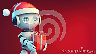 Smiling robot in Santa hat holding a present box with both hands over dark red backgrund with copy space. Delivery bot Christmas Cartoon Illustration