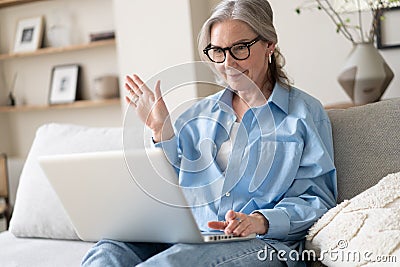 Smiling 50s mature woman sitting on sofa, using laptop, working, chatting, spending time in social media Stock Photo