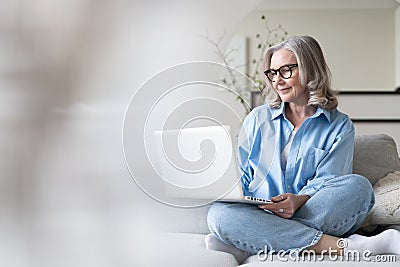 Smiling 50s mature woman sitting on sofa, using laptop, working, chatting, spending time in social media Stock Photo