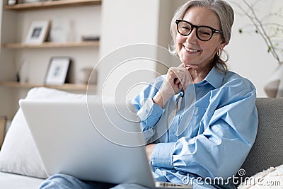 Smiling 50s mature woman sitting on sofa, using laptop, working, chatting, spending time in social media Stock Photo
