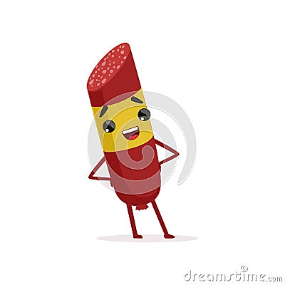 Smiling salami character with yellow brand label standing with arms akimbo. Flat vector design for food market or Vector Illustration