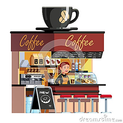 Sales clerk woman at coffee shop service counter Vector Illustration