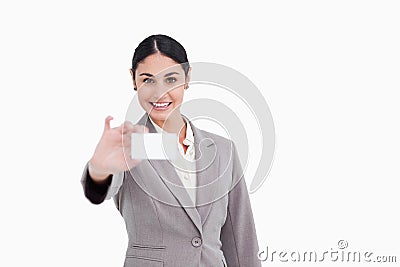 Smiling saleswoman presenting her business card Stock Photo