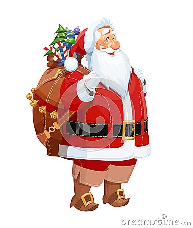 Smiling Santa Claus with gift sack. Christmas character Vector Illustration