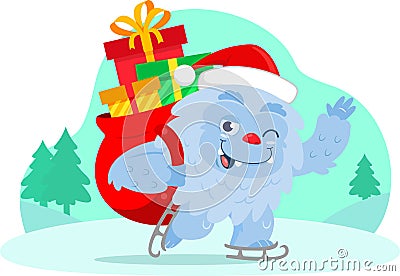 Smiling Santa Yeti Bigfoot Cartoon Character With Christmas Bag Waving Vector Illustration