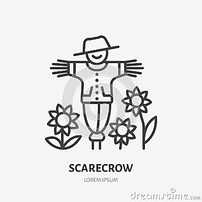 Smiling scarecrow with sunflowers flat line icon. Thin linear logo for farm, organic food store Vector Illustration