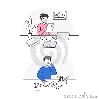 Smiling Schoolboy Doing Homework Sitting at Desk Studying with Notepad and Laptop Vector Set Vector Illustration