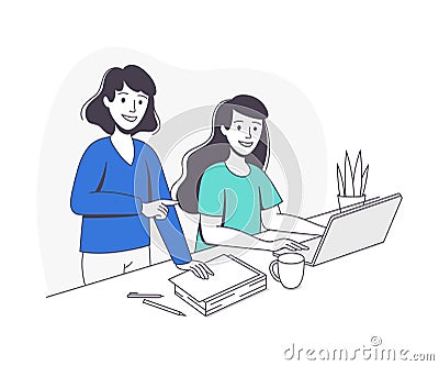 Smiling Schoolgirl Doing Homework Sitting at Desk with Laptop and Mother Standing Nearby Vector Illustration Vector Illustration