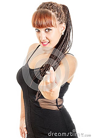 Smiling seductive woman or girl in elegant glamour black dress Stock Photo