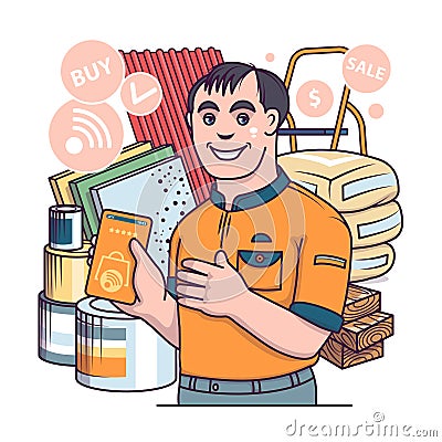 Smiling seller helping to order different paint. Online shopping concept Vector Illustration