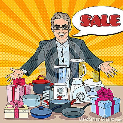 Smiling Seller with Household Appliances. Domestic Equipment Shopping. Pop Art illustration Vector Illustration