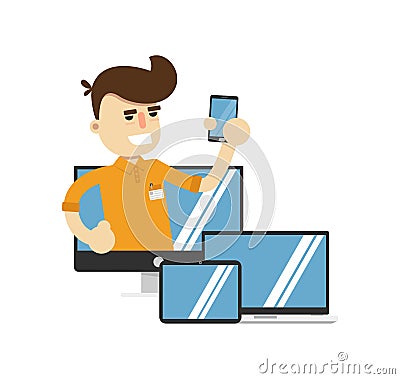 Smiling seller man with electronic gadgets Vector Illustration