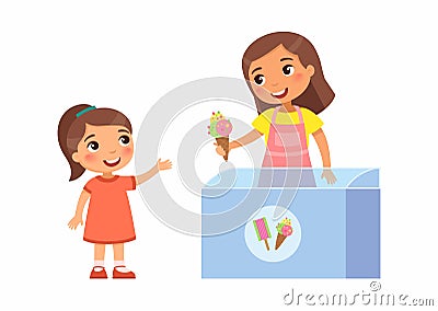 Smiling seller young woman gives little girl ice cream Vector Illustration