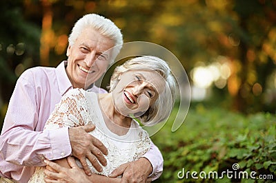 Smiling senior couple embracing in autumn park Stock Photo