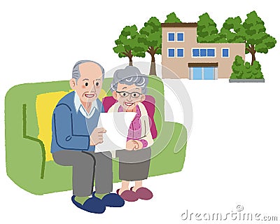 Smiling Senior couple looking at paper with retirement home in background Vector Illustration