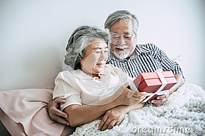 Smiling senior husband making giving gift box to his wife in bedroom Stock Photo