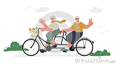 Smiling seniors couple riding tandem,city park,nature.Flat vector illustration. Vector Illustration