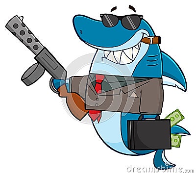 Smiling Shark Gangster Cartoon Mascot Character Carrying A Briefcase Holding A Big Gun And Smoking A Cigar. Vector Illustration