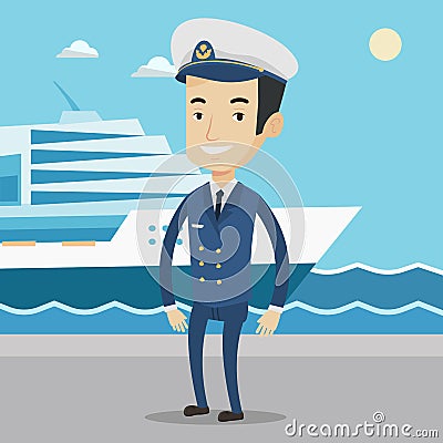 Smiling ship captain in uniform at the port. Vector Illustration