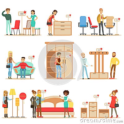 Smiling Shoppers In Furniture Shop, Shopping For House Decor Elements With Help Od Professional Department Store Sellers Vector Illustration