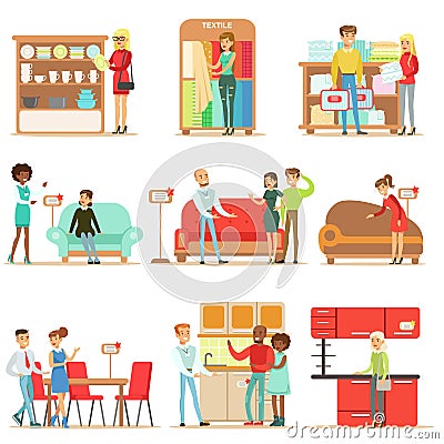 Smiling Shoppers In Furniture Shop, Shopping For House Decor Objects With Help Od Professional Department Store Sellers Vector Illustration