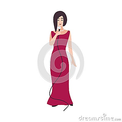 Smiling singer, vocalist or songstress wearing elegant evening dress and holding microphone. Pretty female cartoon Vector Illustration