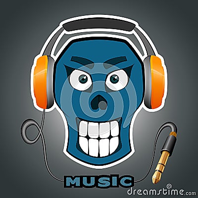 Smiling skull with music on in headsets, headphone Vector Illustration