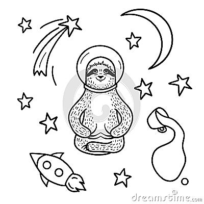 Smiling sloth astronaut in helmet sitting among stars. Hand drawn, doodle style vector illustration. Vector Illustration