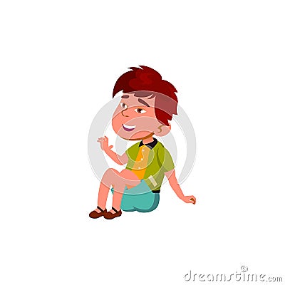 smiling small boy sitting on green grass cartoon vector Vector Illustration