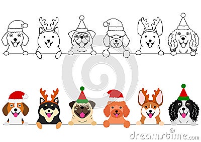 Smiling small dogs with Christmas costumes border set Vector Illustration