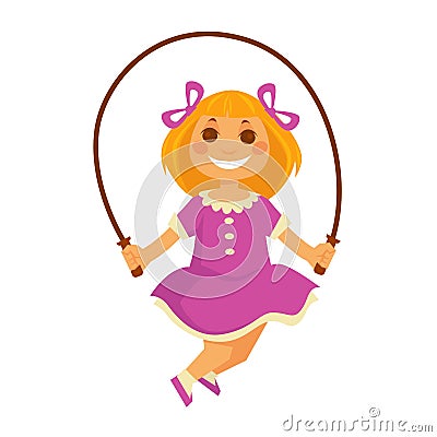 Smiling small girl jumps with skipping rope isolated on white Vector Illustration