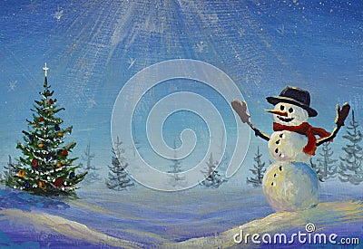 Smiling snowman and Christmas's tree with decorations in sunny forest Cartoon Illustration