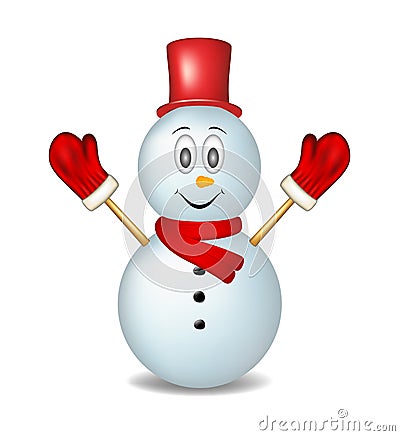 Smiling snowman wearing mittens, hat and scarf Vector Illustration