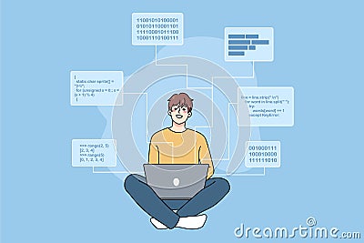 Smiling software engineer writing codes on computer Vector Illustration