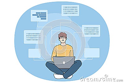 Smiling software engineer writing codes on computer Vector Illustration