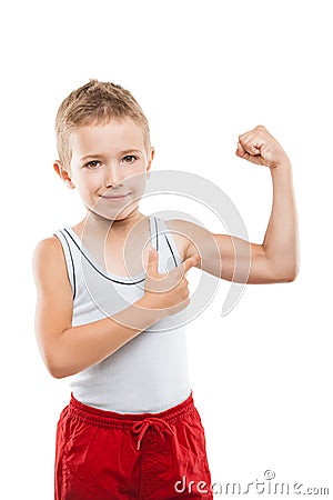 Smiling sport child boy showing hand biceps muscles strength Stock Photo
