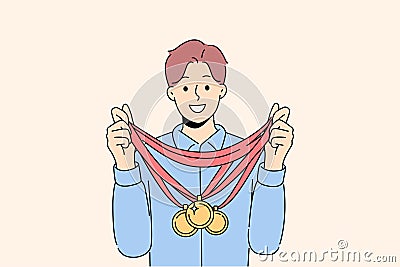 Smiling sportsman with golden medals Vector Illustration