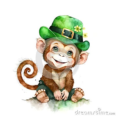 Smiling St. Patrick's baby monkey in a green leprechaun hat with a spring flower. Watercolor cartoon. Stock Photo