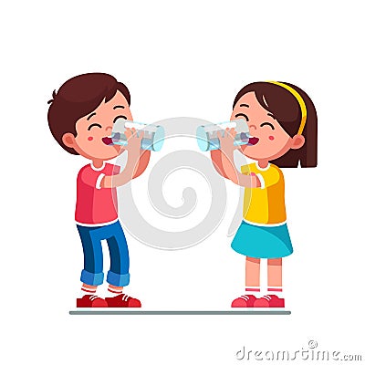 Boy and girl kids drinking water holding glasses Vector Illustration