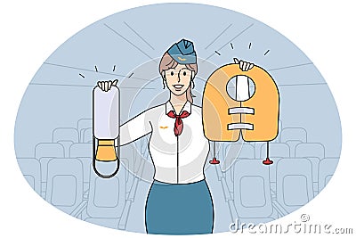 Smiling stewardess showing safety on plane Vector Illustration