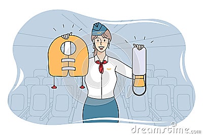 Smiling stewardess showing safety on plane Vector Illustration