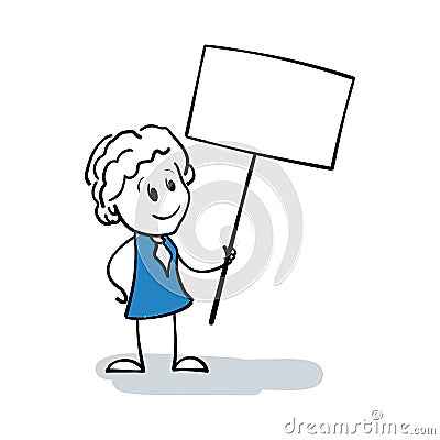 Smiling stickwoman holding a sign for the inscription. Cute stick figure person with a empty poster for your text. Cartoon girl Vector Illustration