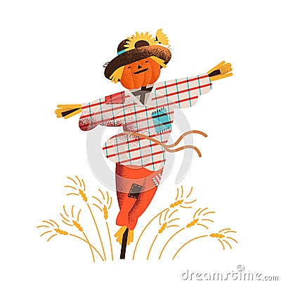 Smiling straw scarecrow dressed in old clothes and hat standing on field with growing crops. Cute happy bird scarer in Vector Illustration