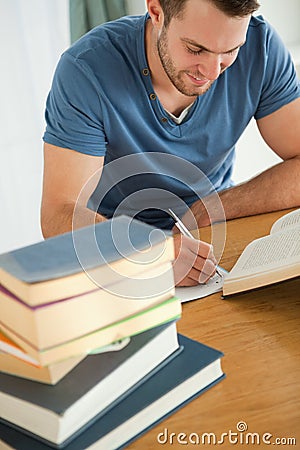 Smiling student doing book report Stock Photo