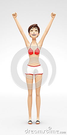 Smiling, Successful Jenny - 3D Cartoon Female Character Model Portrays Winner Concept Stock Photo