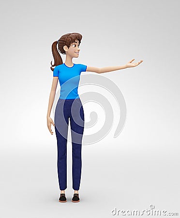 Smiling, Successful Jenny - 3D Cartoon Female Character Model - Presents Product or Service with Smile Stock Photo