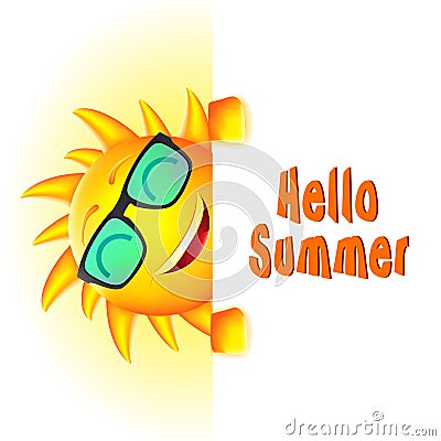 Smiling Sun Character with Hello Summer Text and White Space Vector Illustration