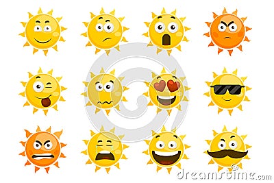 Smiling sun emoticons. Vector cartoon smile set Vector Illustration
