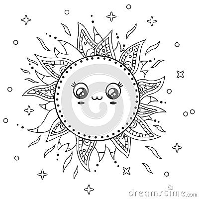 Kawaii Smiling Sun with Sparkles. Ornamental Doodle Mandala Outline coloring page. Vector Illustration