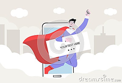 Smiling superhero in a costume coming out from smartphone holding banner or placard with space for text or information about Vector Illustration
